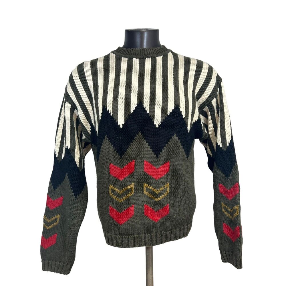Vintage Unionbay Men's Sweater Crew Neck Stripe Chevrons Olive Green Size Small